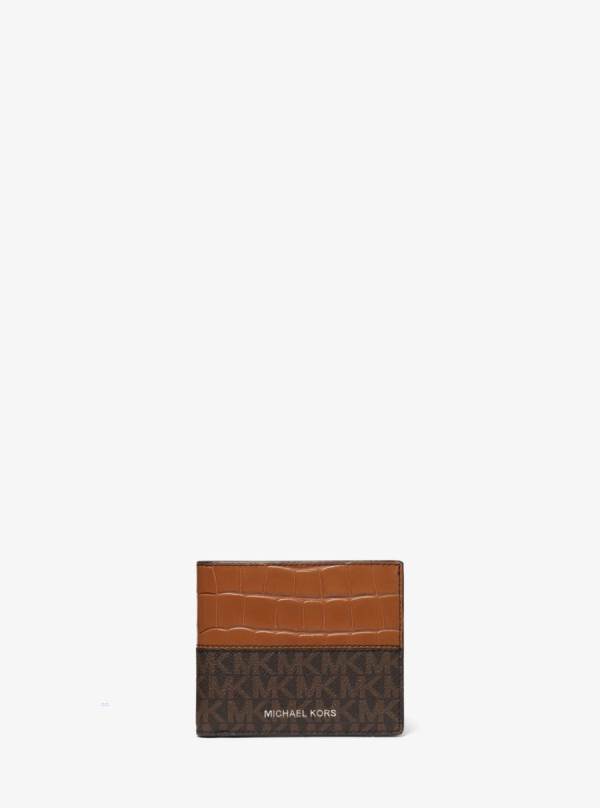 Panske Penazenky Michael Kors Hudson Crocodile Embossed Leather and Logo Billfold Hnede - Doplnky Michael Kors Lacne | JEQLR-1328